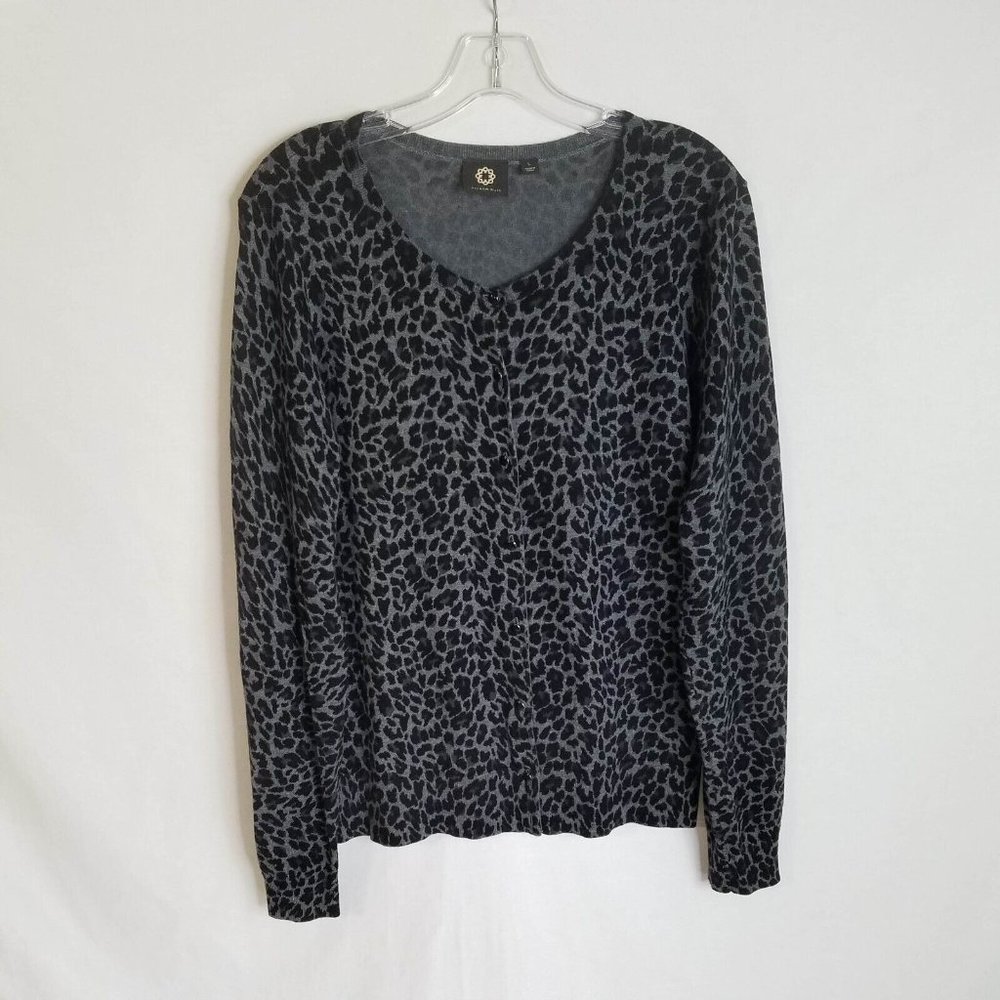 Amber‎ Sun Womens Black Grey Leopard Button Front Cardigan Sweater Size Large
